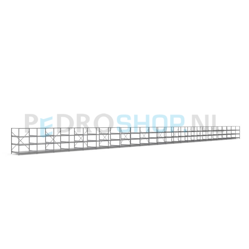 Metalen stellingkast: 140cm (h) x 100cm (d) x 2518.6cm (l)