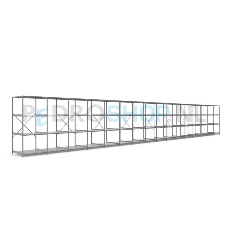 Metalen stellingkast: 230cm (h) x 100cm (d) x 1613.2cm (l)