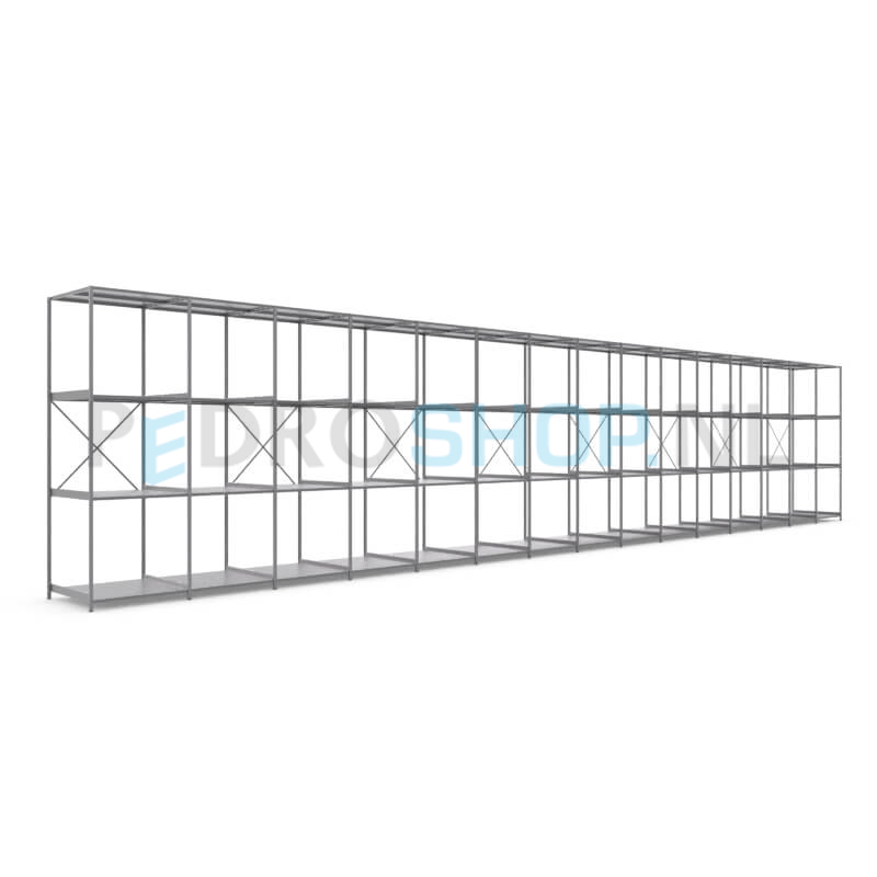 Metalen stellingkast: 300cm (h) x 100cm (d) x 1512.6cm (l)