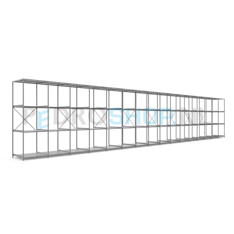 Metalen stellingkast: 300cm (h) x 100cm (d) x 1613.2cm (l)