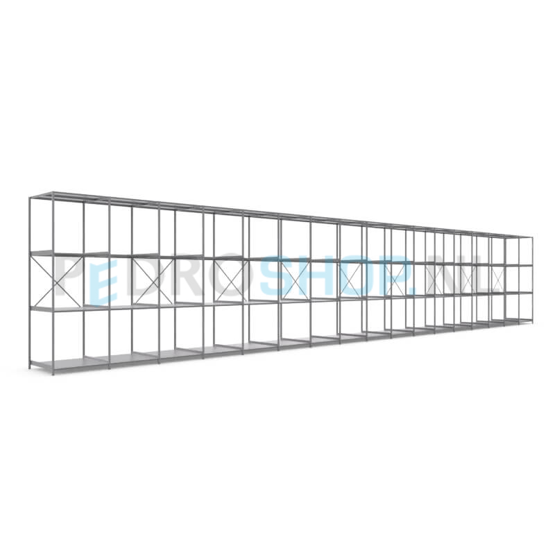Metalen stellingkast: 300cm (h) x 100cm (d) x 1713.8cm (l)