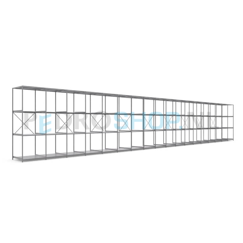 Metalen stellingkast: 300cm (h) x 100cm (d) x 1814.4cm (l)