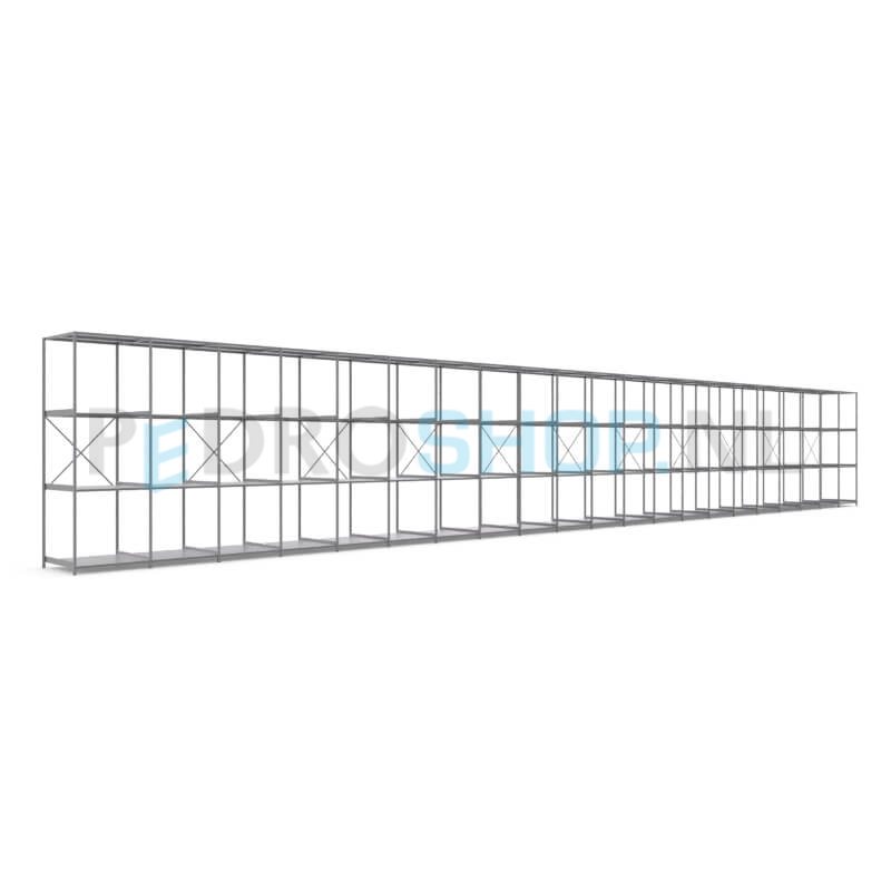 Metalen stellingkast: 300cm (h) x 100cm (d) x 2116.2cm (l)